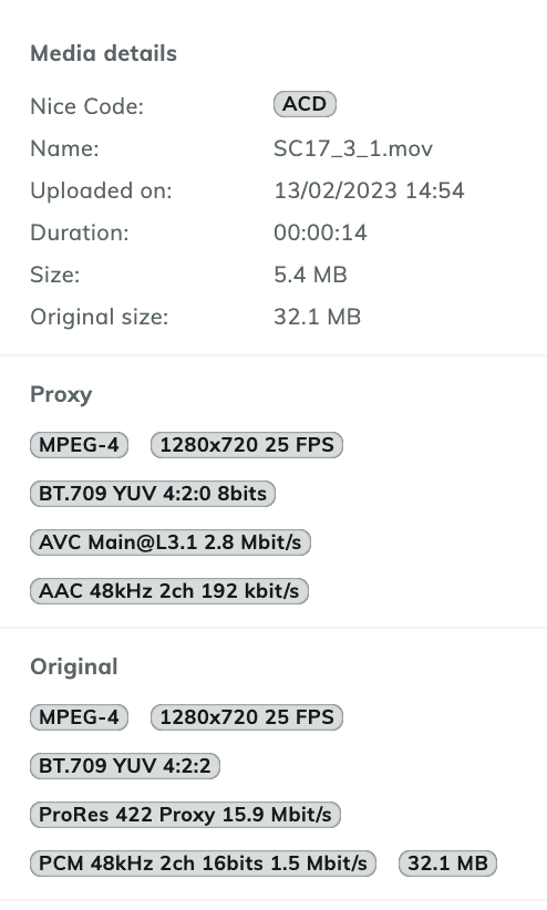 Media details panel with the Nice Code, name, upload date, duration, size and original size, and the technical properties of the Proxy and of the Original