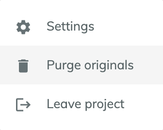 Menu with the options Settings, Purge originals and Leave project