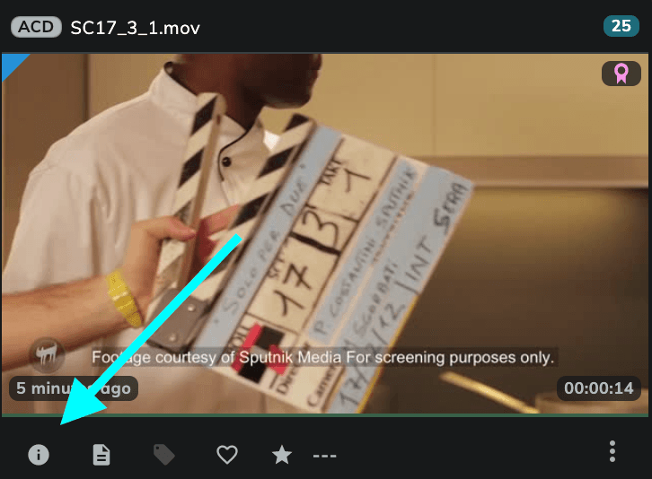 Media card of a clip with the rosette icon in the top right corner. An arrow points to the info button in the lower-left corner.