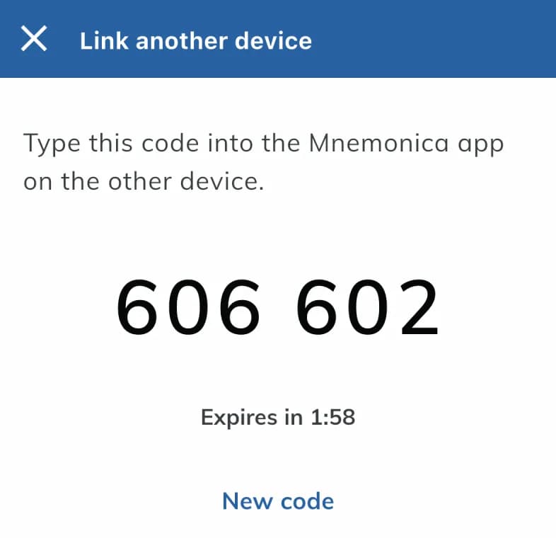The Link another device screen with the six-digit code, the time before it expires and New code