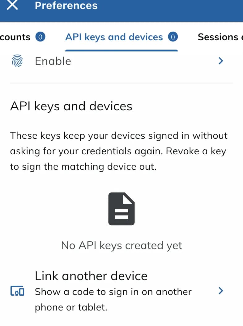 The API keys and devices tab in the app, with Link another device at the bottom