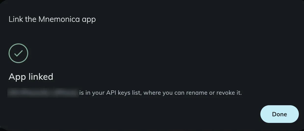 The App linked confirmation, with the name of the device and the Done button
