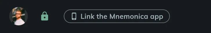 The bottom bar of the web app, with the avatar, the green padlock and the Link the Mnemonica app button