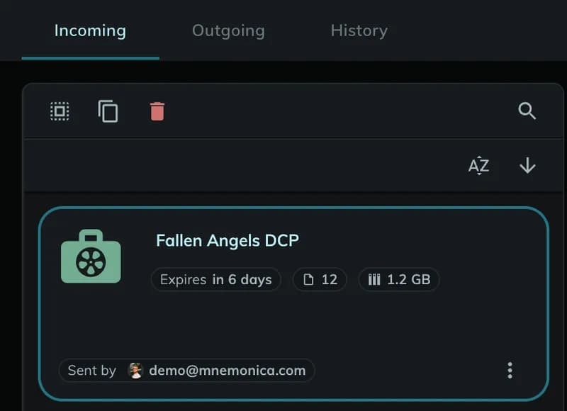 The Incoming tab of Deliveries, with a selected Delivery that expires in 6 days, has 12 files and weighs 1.2 GB