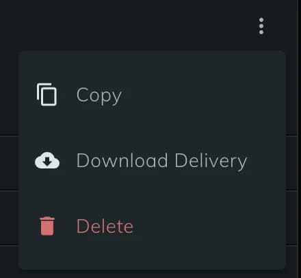 The options menu of the Delivery, with Download Delivery