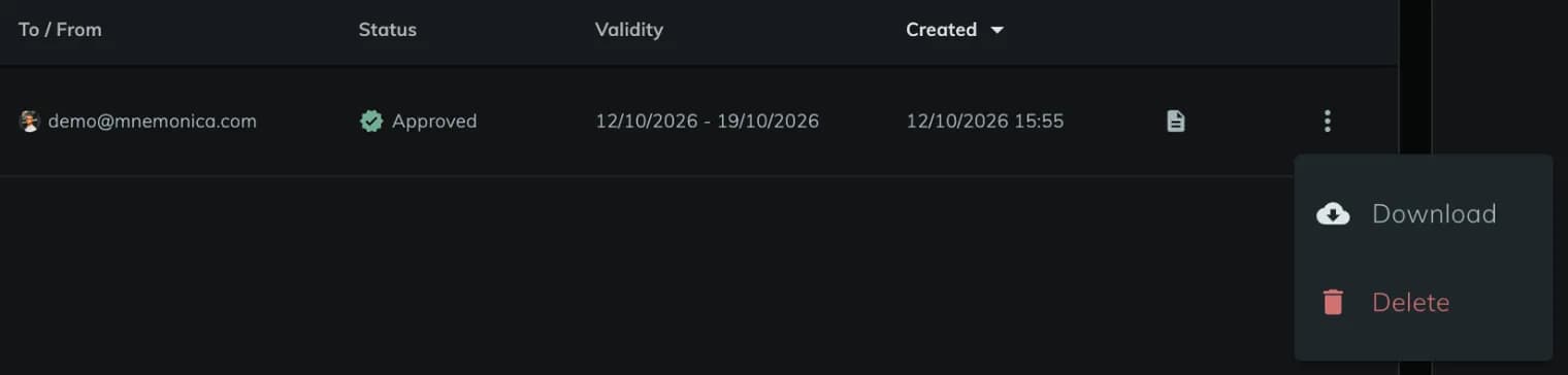 A KDM on the Active tab with the status Approved, its validity dates, and the options menu open on Download