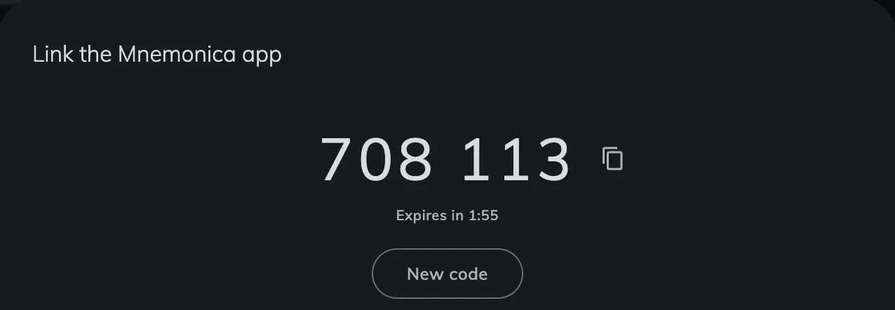 The Link the Mnemonica app dialog with the six-digit code, the time before it expires and the New code button