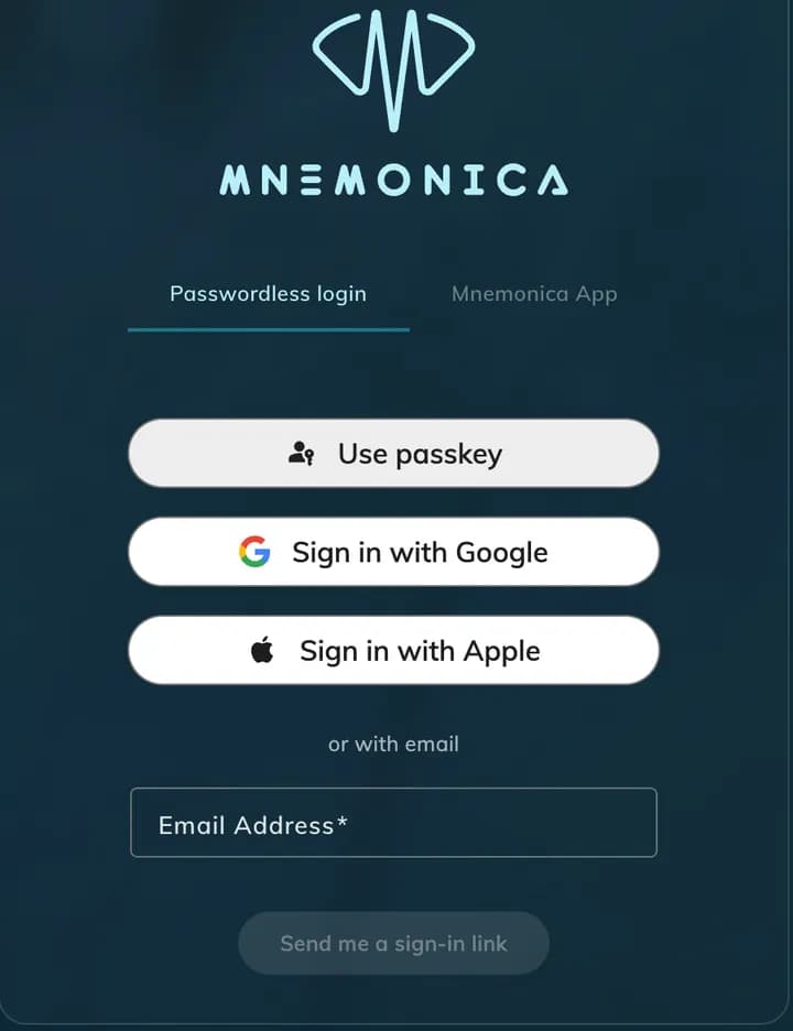 The Mnemonica sign-in page with Use passkey, Sign in with Google, Sign in with Apple and the Email Address field