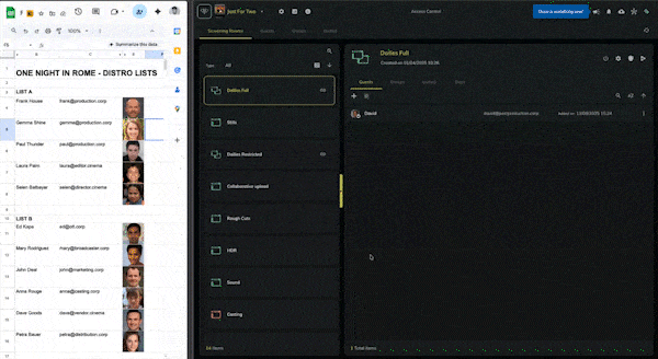 An animation. On the left, a spreadsheet lists names, email addresses and photos in two distribution lists. On the right, the Guests management page of Mnemonica shows the Guests tab of a Screening Room.