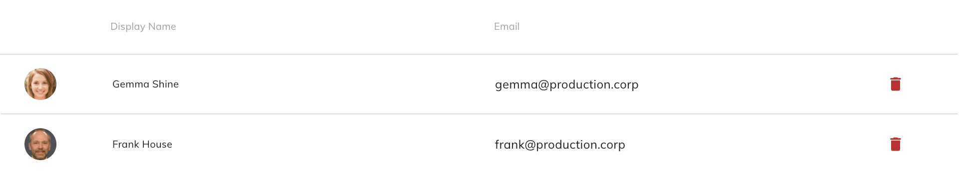 The Contacts list with the Display Name and Email columns and a trash icon on each row