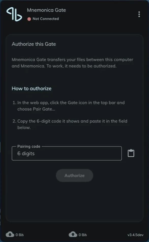 The Authorize this Gate screen with the Pairing code field and the Authorize button