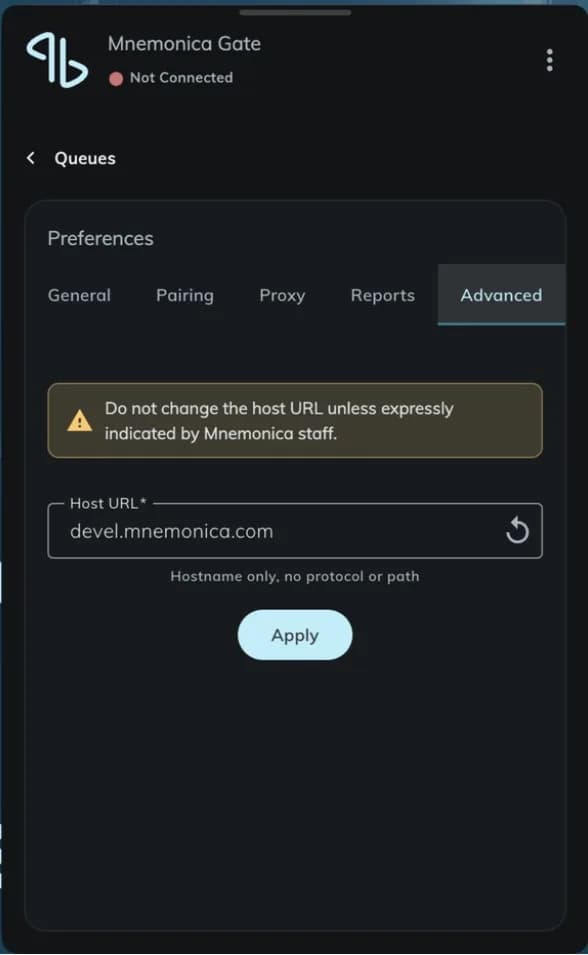 La tab Advanced con l'avviso e il campo Host URL