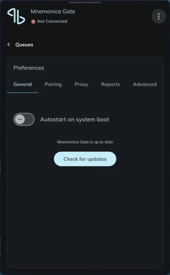 La tab General con l'interruttore Autostart on system boot e il pulsante Check for updates