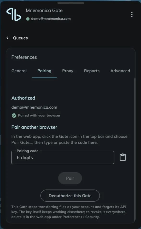 The Pairing tab of the Gate Preferences with the authorized account and the Pair another browser field