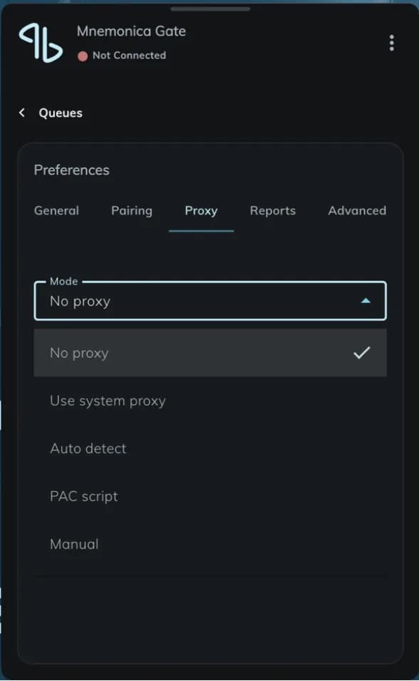 The Proxy tab with the list of proxy modes