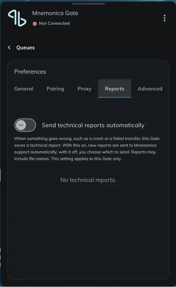 The Reports tab with the Send technical reports automatically switch