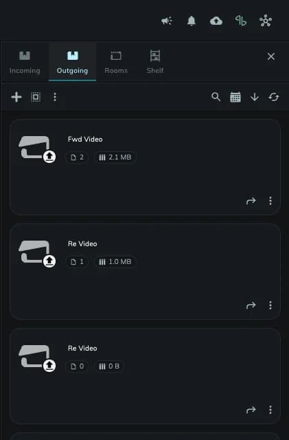 The Hub in a Production Project, open on the Outgoing tab. The tabs Incoming, Outgoing, Rooms and Shelf are at the top. Below them, a toolbar and a list of Box cards.