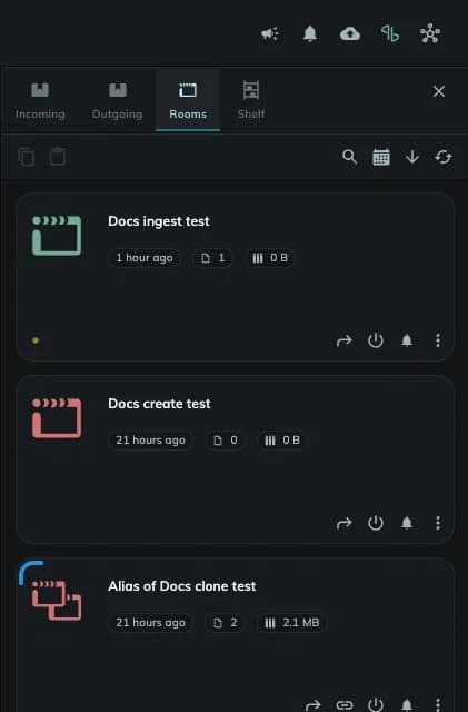 The Rooms tab of the Hub. Each Room card shows its name, the number of files and its size, and the buttons Go to Room, Open or close, Mute and Options.