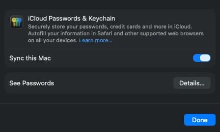 The iCloud Passwords & Keychain panel in System Settings, with 'Sync this Mac' on.