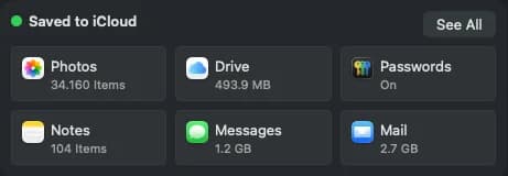 The 'Saved to iCloud' area of the iCloud page, with the Passwords tile and the Drive tile.