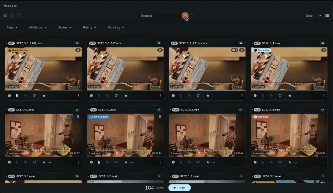 The Media Pool filter bar. The cursor opens the Status filter and selects Needs Review. Three media remain. The cursor then clicks Clear selection and all media show again.