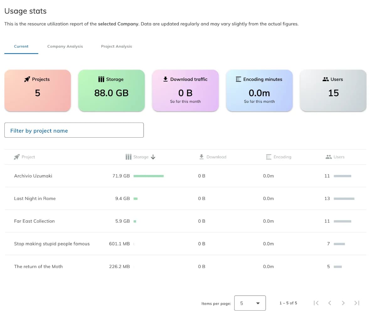 The Usage stats page of the Company panel. Five cards show the number of Projects, the storage, the download traffic, the encoding minutes, and the number of users. A table lists the same figures for each Project.