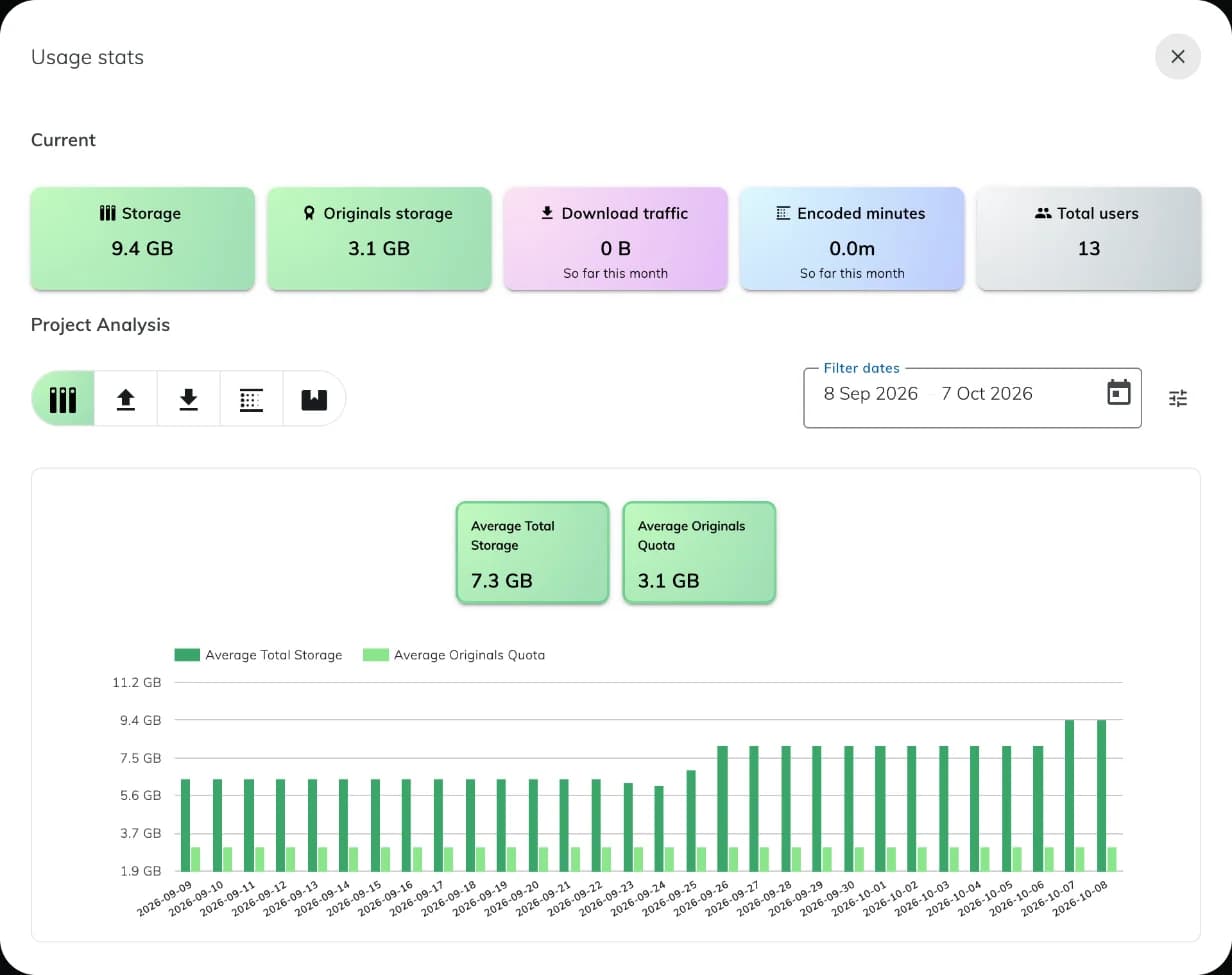 The Usage stats window of a Project. The Current section shows five cards: Storage, Originals storage, Download traffic, Encoded minutes, and Total users. Below, the Project Analysis section shows a chart of the storage.