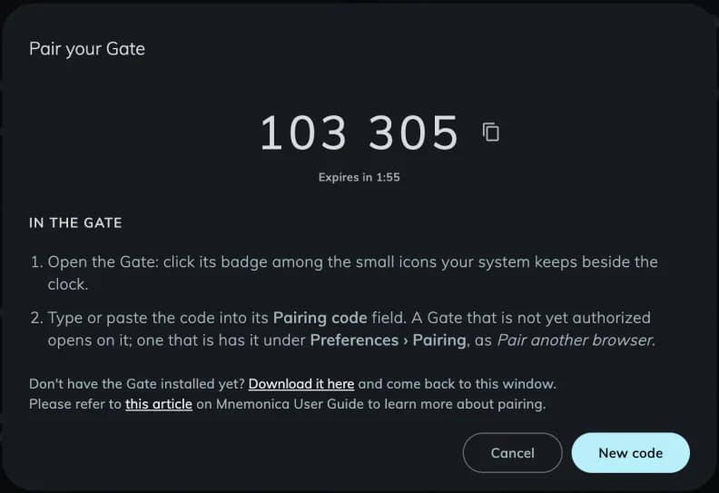The Pair your Gate dialog with the 6-digit code, the time before it expires and the New code button